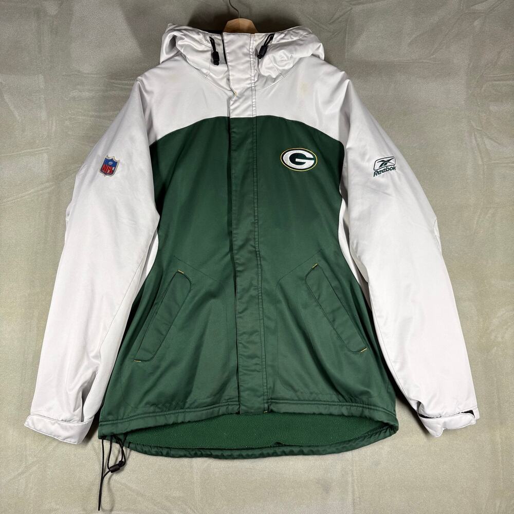 Reebok Green Bay Packers Jacket Mens M Hooded NFL Team Apparel Green‎ White